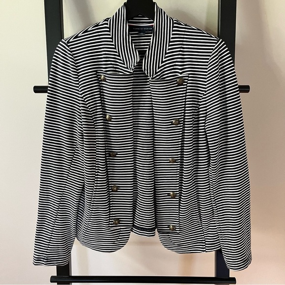 Tommy Hilfiger Navy and White Striped Blazer Stretchy Size M - Picture 1 of 5